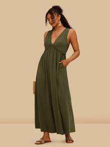 Travachic Mono de tejido elástico y cómodo con cuello en V y bolsillos para mujeres de tallas grandes, mono informal holgado de punto verde del ejército