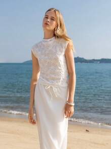 Lumivelle 女士休闲纹理针织修身立领T恤 - 白色 - 查看 3