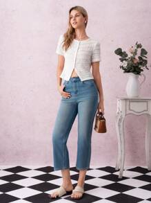 Omancia 2025 夏季新款时尚甜美优雅性感短款上衣，纯色褶皱修身T恤 - 杏色 - 查看 4