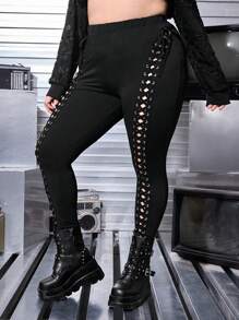 ROMWE Grunge Punk 大码黑色性感朋克孔眼系带紧身裤 - 黑色 - 查看 5