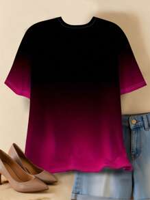 SHEIN Große Größen Elegantes Farbverlauf-Muster T-Shirt für Damen - weich, kurzärmliger Rundhalsausschnitt, Farbverlauf von Rot zu Schwarz, Sommer Lässig Wear, vielseitiges T-Shirt, Farbverlauf-Design, bequem