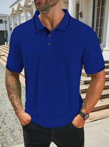 Manfinity Homme Camisa tipo polo de manga corta informal con ribete de contraste para hombres talla grande