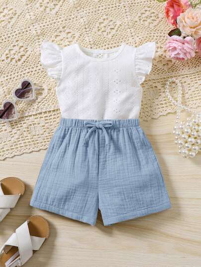 Summer Baby Girls Cute White Top And Elastic Waist Shorts Set