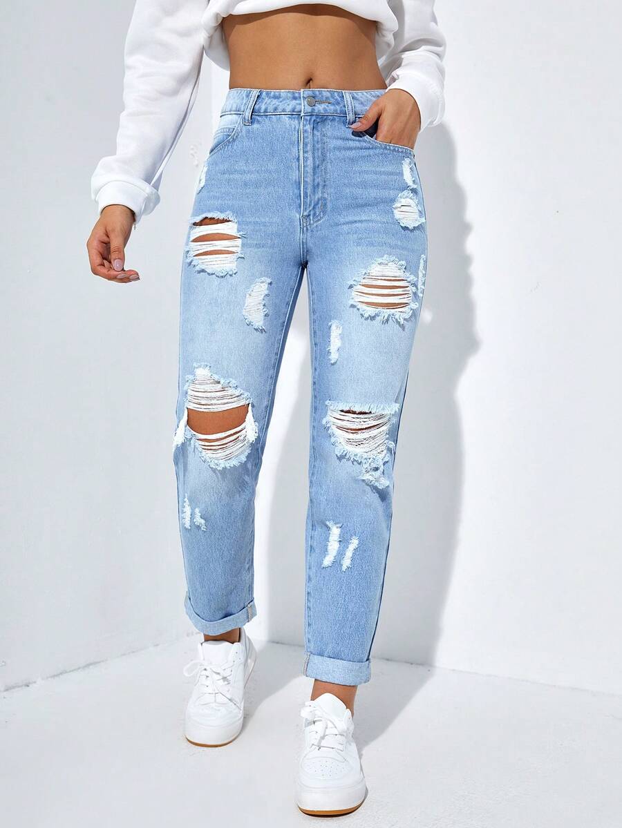 SHEIN PETITE Women's Casual Versatile Everyday Wear Distressed Button Pocket Denim Jeans - Blue - View 1
