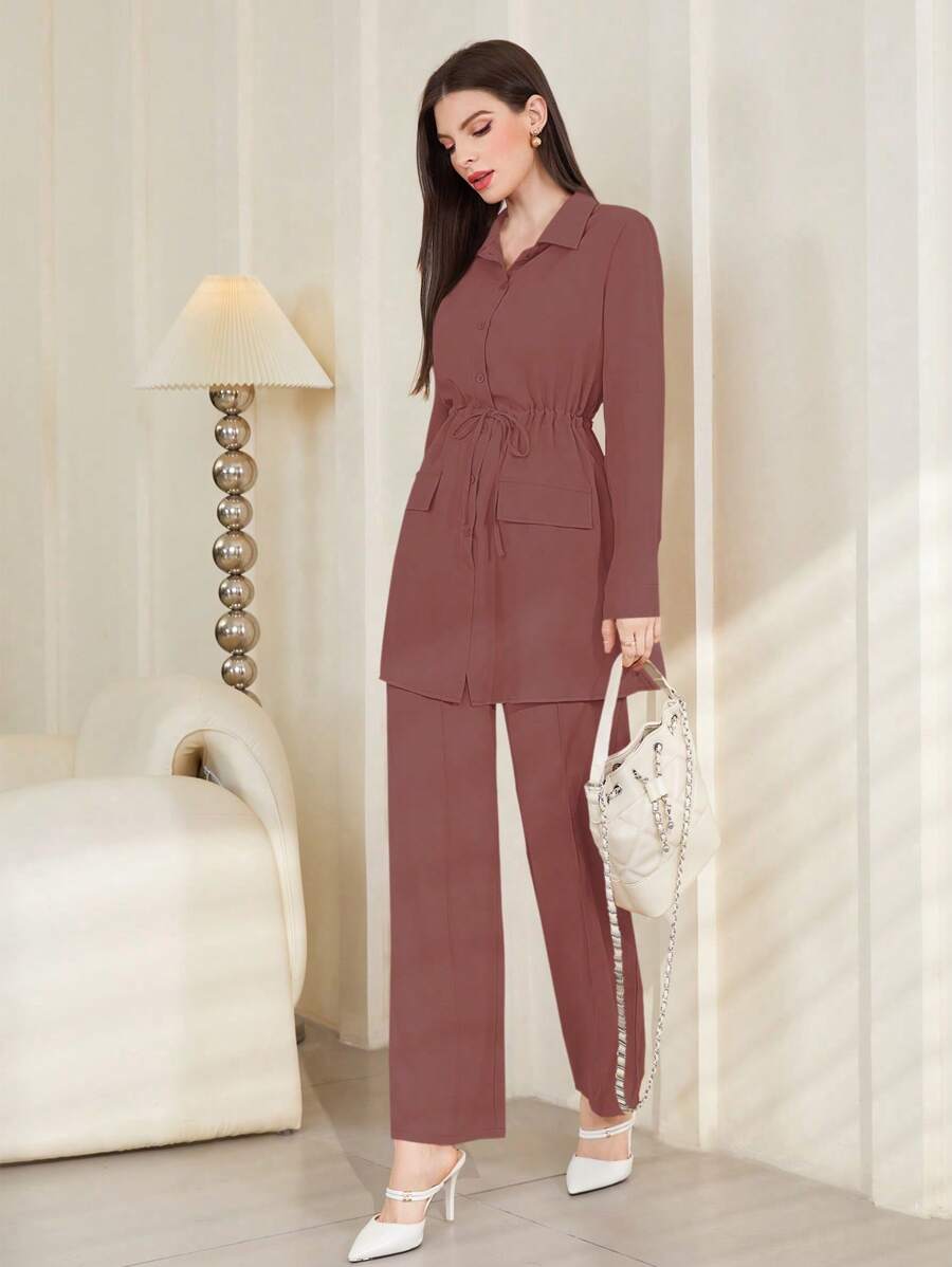 Mulvari 勃艮第红色女士纯色简约休闲长袖上衣和裤子套装 2 件套 - 中紫紅色 - 查看 1