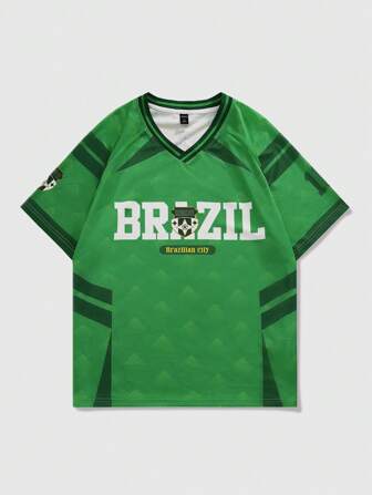 Street Life Maglietta sportiva a scollo a V stile calcio Brasile, in stile preppy, per uomo, estiva