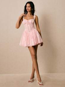 Poéselle 女式纯色褶饰胸背心迷你连衣裙，夏季 - 粉色 - 查看 1