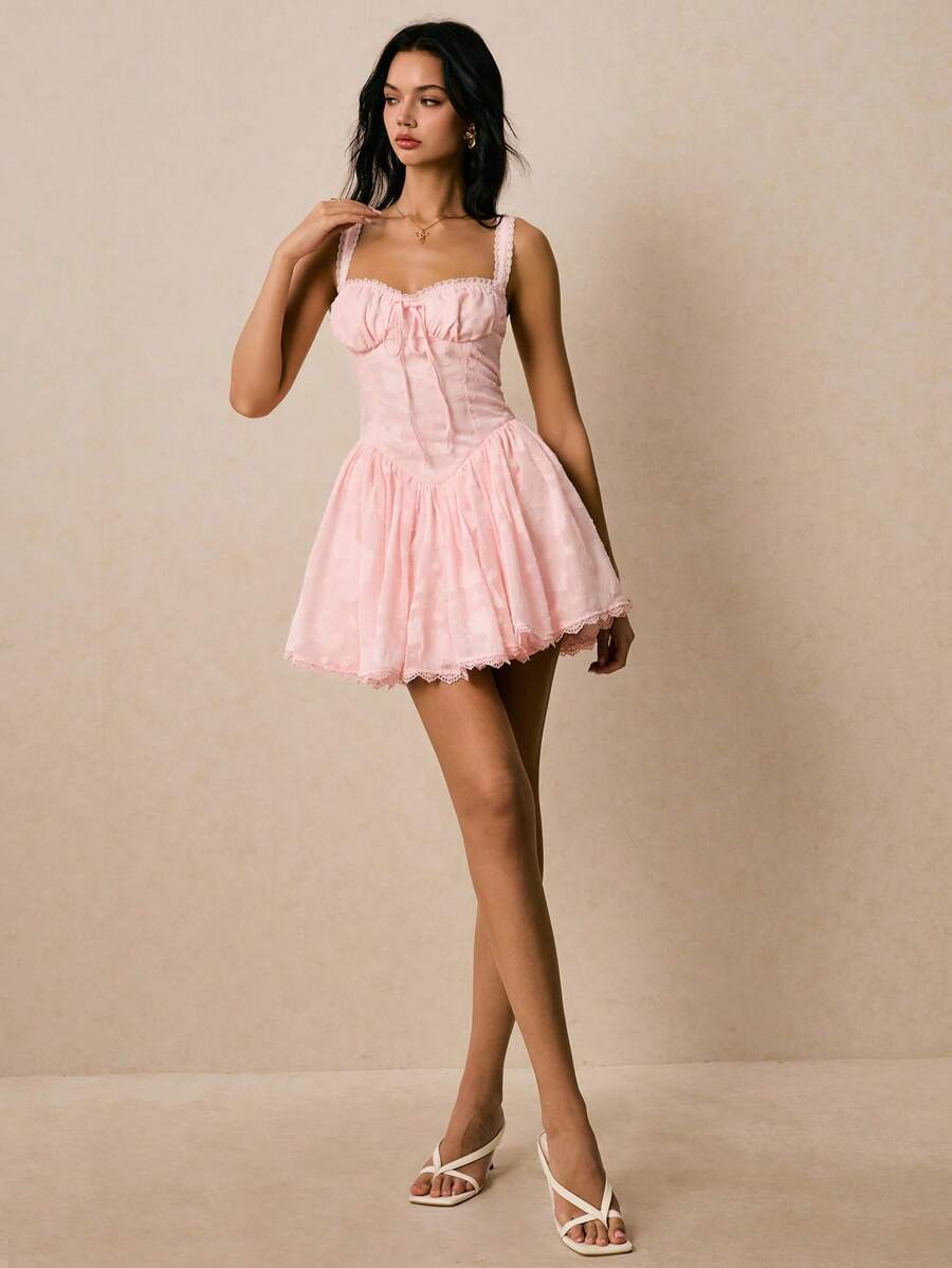 Poéselle 女式纯色褶饰胸背心迷你连衣裙，夏季 - 粉色 - 查看 1