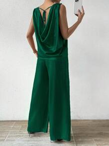 SHEIN Unity 女士时尚金属色长裤两件套新年节日派对服装 - 綠色 - 查看 2