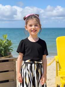 SHEIN Vestido de manga corta con lazo floral y cinturón acanalado en negro y dorado para niña preadolescente
