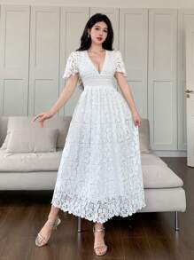 DAZY Women's Summer Deep V-Neck Lace Fabric Short Sleeve Cinched Waist Elegant LADY Style Long Maxi Party Dress - White - View 4
