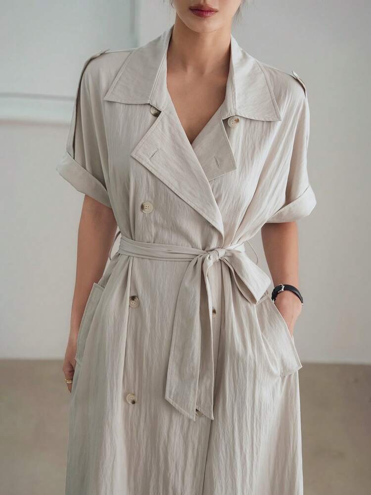 Summer Commuter Minimalist Solid Color Cinched Waist Cinched Waist Shirt Dress, Office Wear Casual Business Long Sleeve Dress For Women,Teacher Outfits