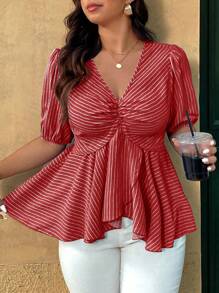 Breezaya Plus Size Women's Casual Ruffle Hem Loose Crinkle Texture Blouse - Multicolor - View 6