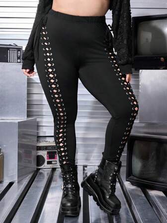 Grunge Punk Plus Size Black Sexy PUNK Eyelet Lace-Up Leggings