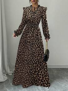 SHEIN PETITE فستان ماكسي طويل ذو استقامة ورفرفة وخصر مربوط طباعة فهد أنيق للمرأة، للربيع والخريف