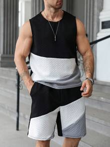 Manfinity Homme Plus Size Men's Casual Textured Color Block Tank Top & Shorts Set