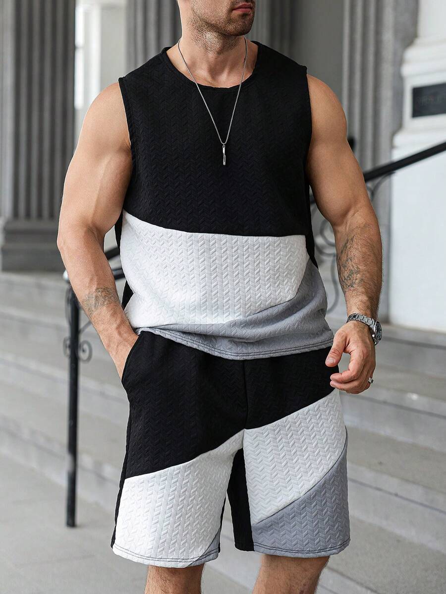 Manfinity Homme Plus Size Men's Casual Textured Color Block Tank Top & Shorts Set
