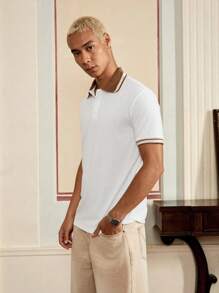 SWAVVY 男士条纹边饰 Polo 衫，半纽扣衬衫，适合丈夫，外出 - 白色 - 查看 3