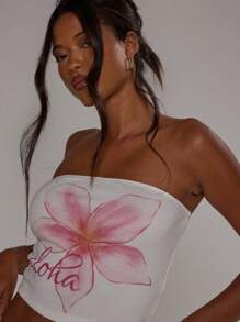 MUSERA Dopasowany top bandeau z nadrukiem i kwiatowym nadrukiem Wiosna, Lato, Swobodny, Lotniskowy, Wygodny, Uroczy, Plaża, Festiwal, Wakacje - Biały - Zobacz 2