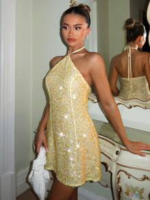 SHEIN PETITE Váy vàng đi biển mùa hè gợi cảm cho nữ Váy vàng đi biển mùa xuân hè Váy nữ Váy sinh nhật cho nữ Váy ngắn mùa hè Váy ngắn gợi cảm cho kỳ nghỉ hè Trang phục đi biển cho phụ nữ mặc đi nghỉ dưỡng - Màu vàng - Xem 3