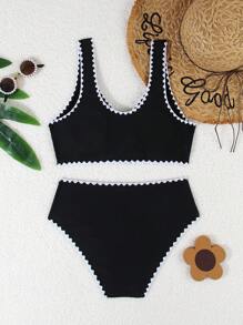 Teen Girls Solid Color Knit Shell Embroidery Bikini Sets, Fashionable & Casual Summer Two Pieces Swimwear - Black - View 2