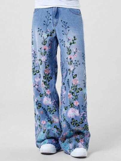 Men's Street Floral Embroidery Loose Pockets Casual Versatile Jeans