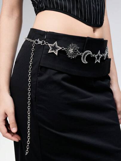 Grunge Punk Modische, personalisierte Kristall-verzierte Stern-, Mond- und Sonnen-Hüftkette
