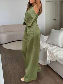 女式纯色交叉裹身无袖上衣和宽腿宽松裤两件套，夏季 - 軍綠色 - 查看 4