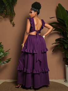 Maweii Plus Size Women Elegant V-Neck Flounce Hem Long Party Dress, Solid Color