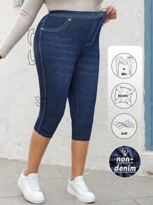 SHEIN LUNE Plus Size Women Printed Skinny 7/8 Jeggings Casual Capri Pants, High Elasticity