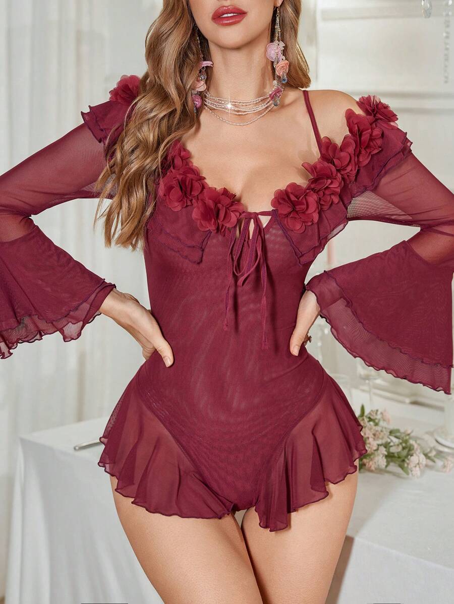 SHEIN 3D花卉V领喇叭长袖修身网眼连体衣 - 酒紅色 - 查看 1