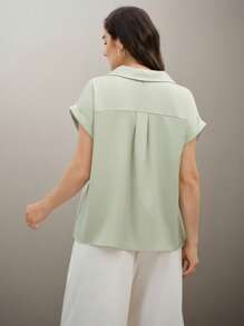 Flouryn Blusa feminina plus size com gola mandarim e manga curta, casual/de trabalho, primavera/verão