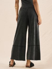 Easelle Women's Vintage Casual Black Distressed Garment Washed Patchwork Floral Wide Leg Cropped Pants, Spring/Summer - Black - View 3