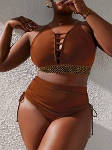 Slaydiva Plus Size Women Plain Side Drawstring Swimwear Bottom For Summer Beach Vacation - Brown - View 3