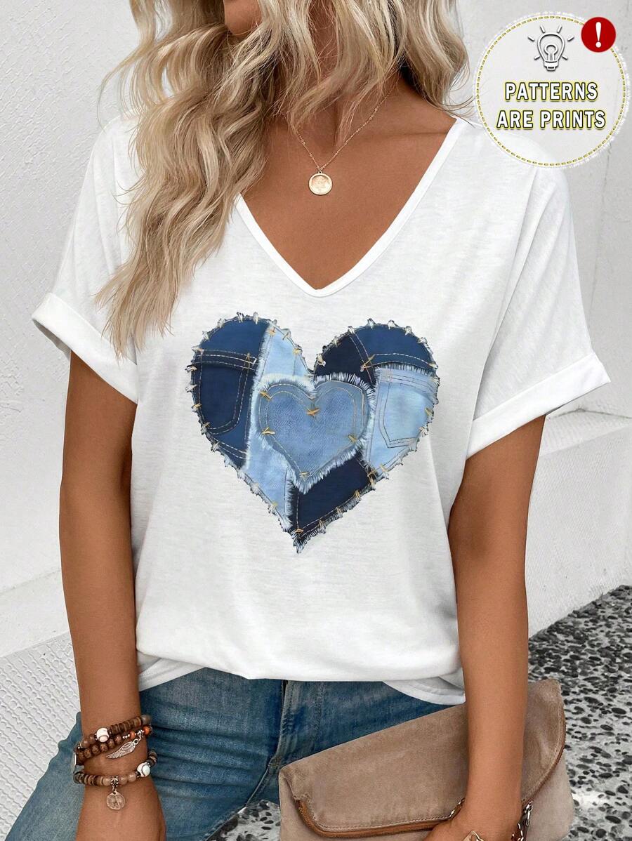 SHEIN VCAY SHEIN Women's Casual V Neck Short Sleeve Cuffed  Blue Heart Graphic T-Shirt - White - View 1