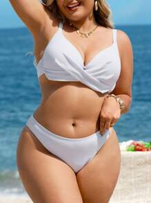 SHEIN Swim Curve Plus Size Women's Simple Solid Crisscross Front Tie Up Backless White Bikini Set, Suitable For Beach Holiday For Summer Beach Vacation