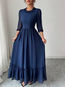 Modelyn 女士优雅荷叶边袖蓬松纹理雪纺长款连衣裙，春夏款 - 藏蓝色 - 查看 4