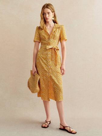 Écloséra 女式复古法式优雅纽扣腰带镂空连衣裙，夏季