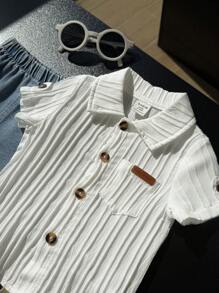 2 件男婴夏季套装：纹理罗纹领衬衫和水洗牛仔短裤，适合日常、郊游、度假、节日的休闲装 - 白色 - 查看 3