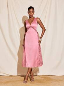 BELZY Women Elegant Pink Satin Transparent Lace Blocked Deep V Midi Dress Summer Wedding Romantic