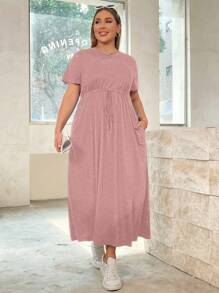 SHEIN Essnce Plus Size Women's New Summer Fashion Casual Solid Color Waist Strap A Hem (With Pockets) Long Short-Sleeved Dress - Dusty Pink - View 1
