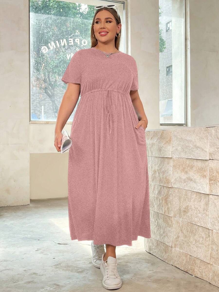 SHEIN Essnce Plus Size Women's New Summer Fashion Casual Solid Color Waist Strap A Hem (With Pockets) Long Short-Sleeved Dress - Dusty Pink - View 1
