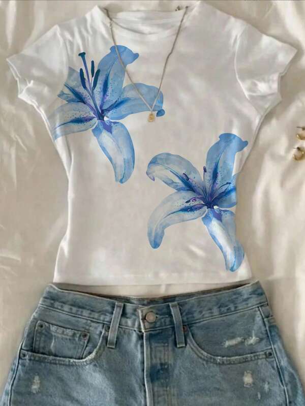 Attitoon Women's Crew Neck Short Sleeve Fitted Tee, Hibiscus Floral & Hawaiian Print, Suitable For Summer Vacation
