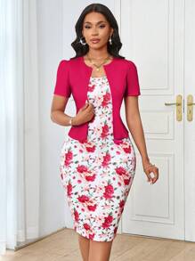 SHEIN Lady Conjunto elegante de 2 piezas para mujer: vestido sin mangas con estampado floral y chaqueta de manga corta de unicolor para vacaciones, festivales, negocios casuales, trabajo, país, conciertos, aeropuerto, uso occidental, festivales, maestros - Vestido floral, vestido de flores, vestido floral para mujer - Multicolor - Ver 7