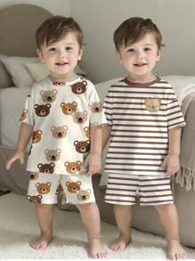 SHEIN 2件套泰迪熊棕色条纹宽松透气柔软舒适睡衣套装，适合男宝宝夏季穿着。