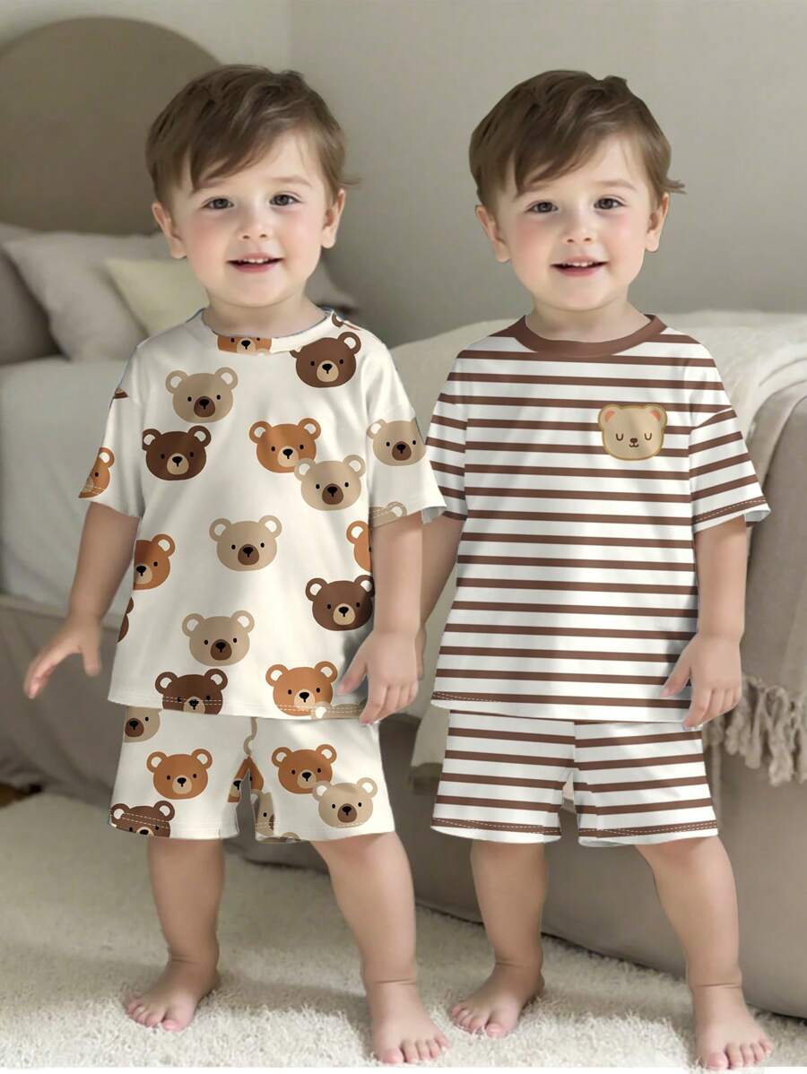 SHEIN 2件套泰迪熊棕色条纹宽松透气柔软舒适睡衣套装，适合男宝宝夏季穿着。
