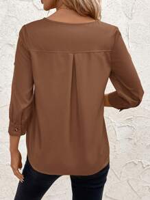 SHEIN Clasi 女士夏季纯色圆领卷袖休闲通勤衬衫 - 棕色 - 查看 3