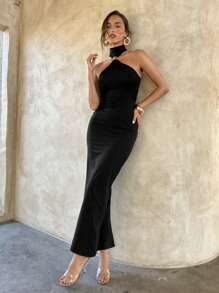 Aloruh 女士优雅性感金属扣装饰镂空修身黑色针织弹力连衣裙 - 黑色 - 查看 8