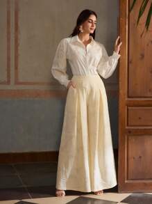 ZEYLAH Solid Color Press Crease Flared Elegant Pants - Apricot - View 1
