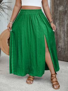 SHEIN VCAY 大码纯色时尚半身裙，适合夏季 - 綠色 - 查看 5